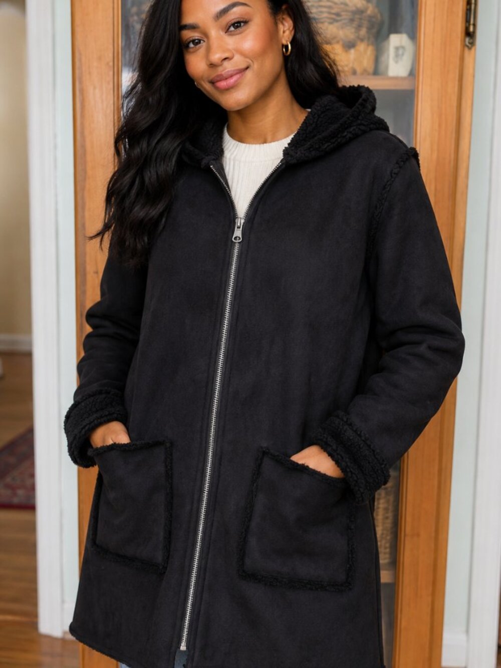 Women Black faux-suede coat with sherpa lining